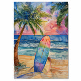Watercolor Painting of a Colorful Surfboard on Beach at Sunset with Palm Trees on Ready to Hang 1.5" Thick Canvas Wrap, Floating Framed Canvas, Flat Rolled Canvas